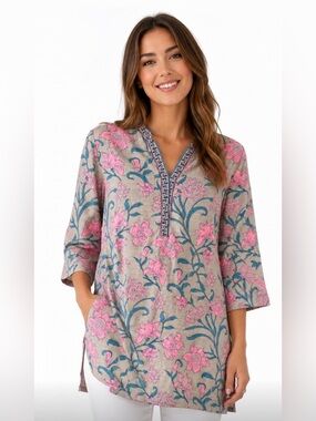 Sana Safinaz Pink Floral V-Neck Tunic Top Blouse Medium 100% Cotton